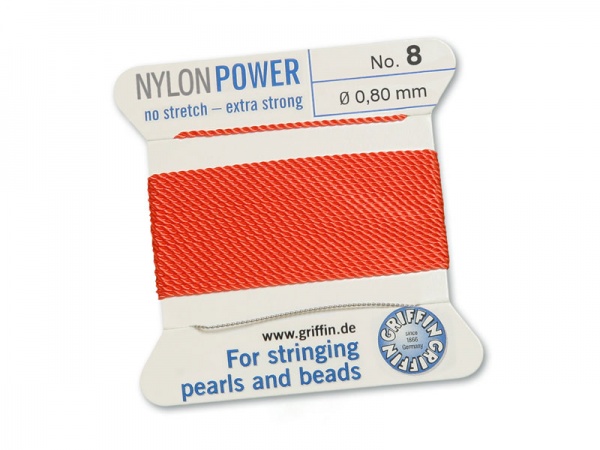 Griffin Nylon Power Beading Thread & Needle ~ Size 8 ~ Coral