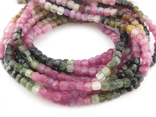 AA Multi-Tourmaline Faceted Cube Beads 4mm ~ 12'' Strand