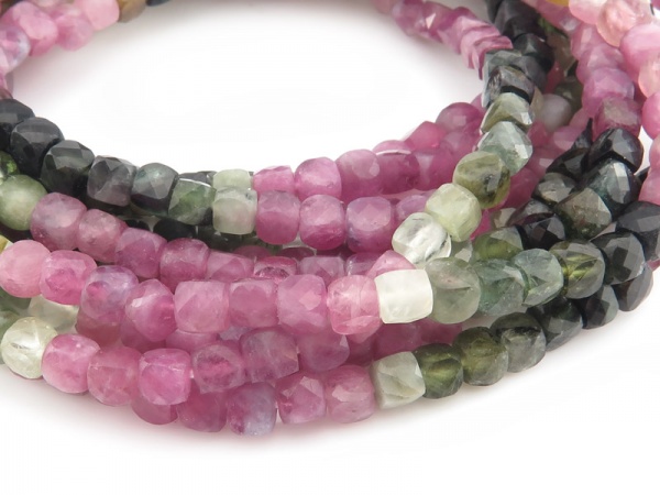 AA Multi-Tourmaline Faceted Cube Beads 4mm ~ 12'' Strand