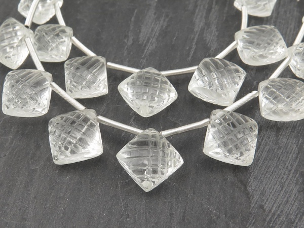 AAA Crystal Quartz Carved Square Briolettes 9.5-12mm ~ 9'' Strand