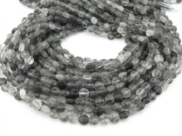 AA Tourmalinated Quartz Faceted Coin Beads 4mm ~ 12.5'' Strand