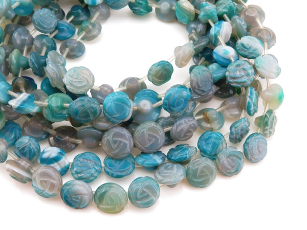 Blue Banded Agate Carved Flower Beads 12-14mm ~ 15'' Strand