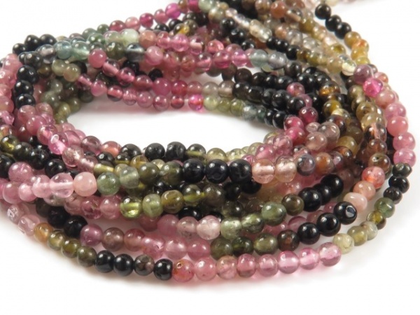 Multi-Tourmaline Smooth Round Beads 3.25-3.5mm ~ 14'' Strand