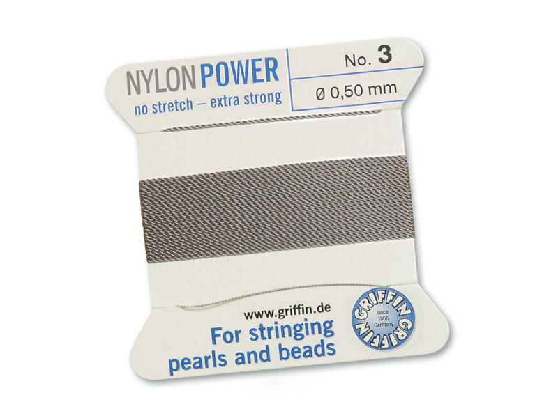 Griffin Nylon Power Beading Thread & Needle ~ Size 3 ~ Grey