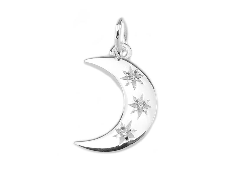 Sterling Silver Crescent Moon with CZ Stars Charm 16.5mm