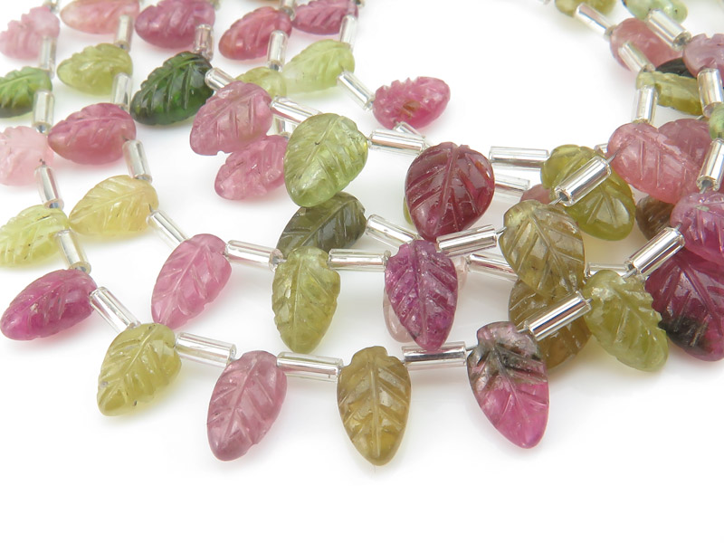 Pink & Green Tourmaline Carved Leaf Briolettes 8-9mm (17)