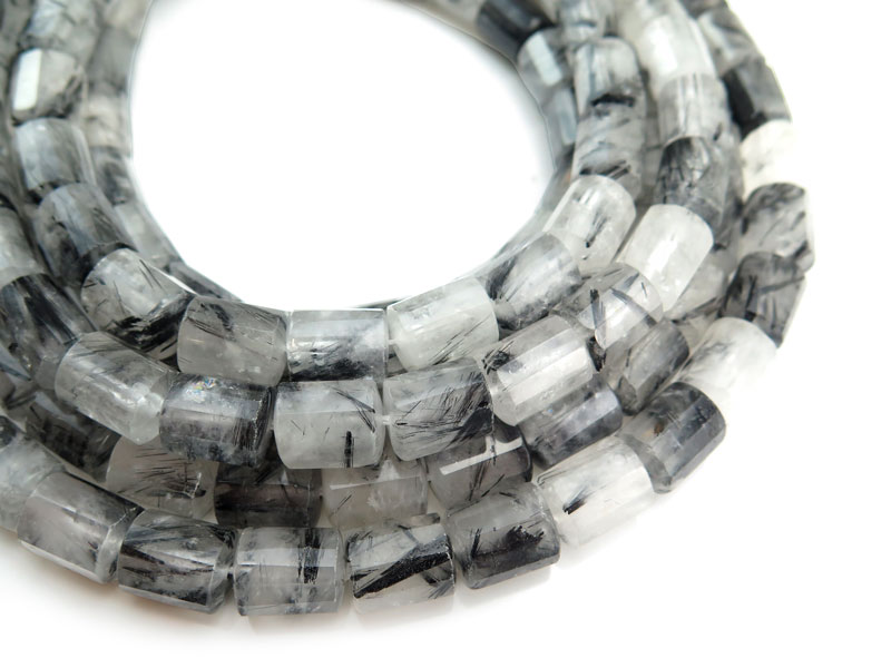 Tourmalinated Quartz Faceted Cylinder Beads 14mm ~ 15.5'' Strand