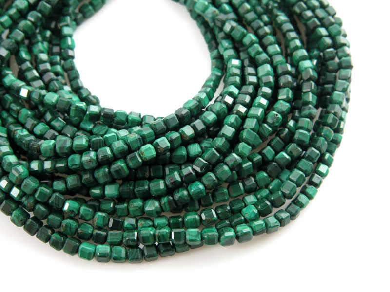 AA Malachite Faceted Cube Beads 2.5mm ~ 15.5'' Strand