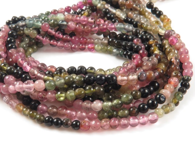 Multi-Tourmaline Smooth Round Beads 3.25-3.5mm ~ 14'' Strand