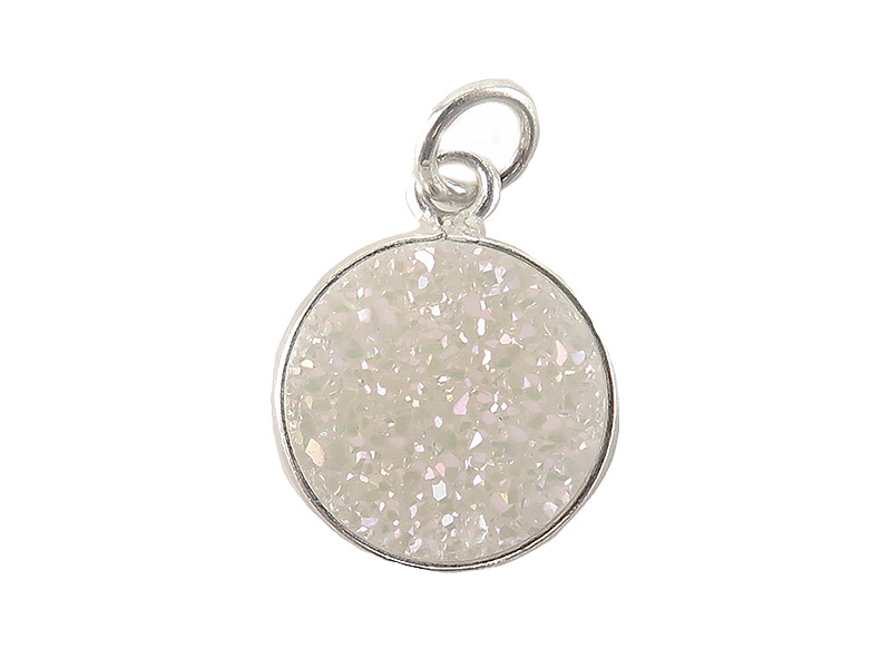 Sterling Silver White Druzy Round Pendant 14mm